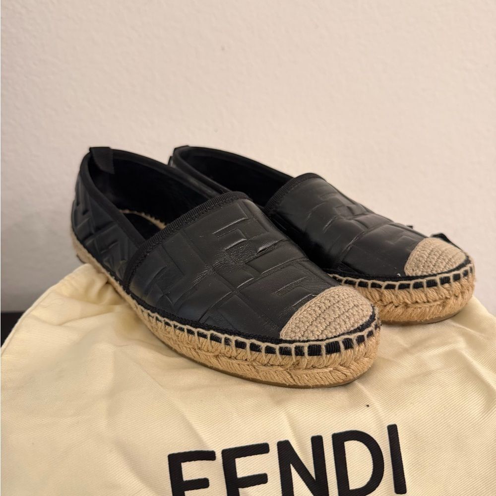Fendi Black Leather FF Espadrille Flats Logo Jute Sole Size 36